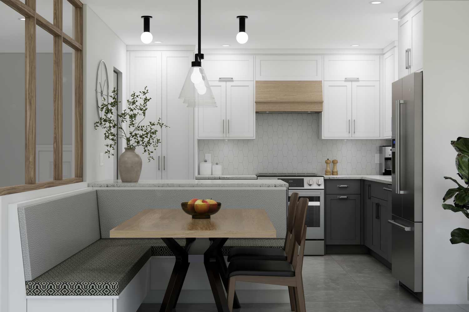 cuisine avec banquette et claustra en bois