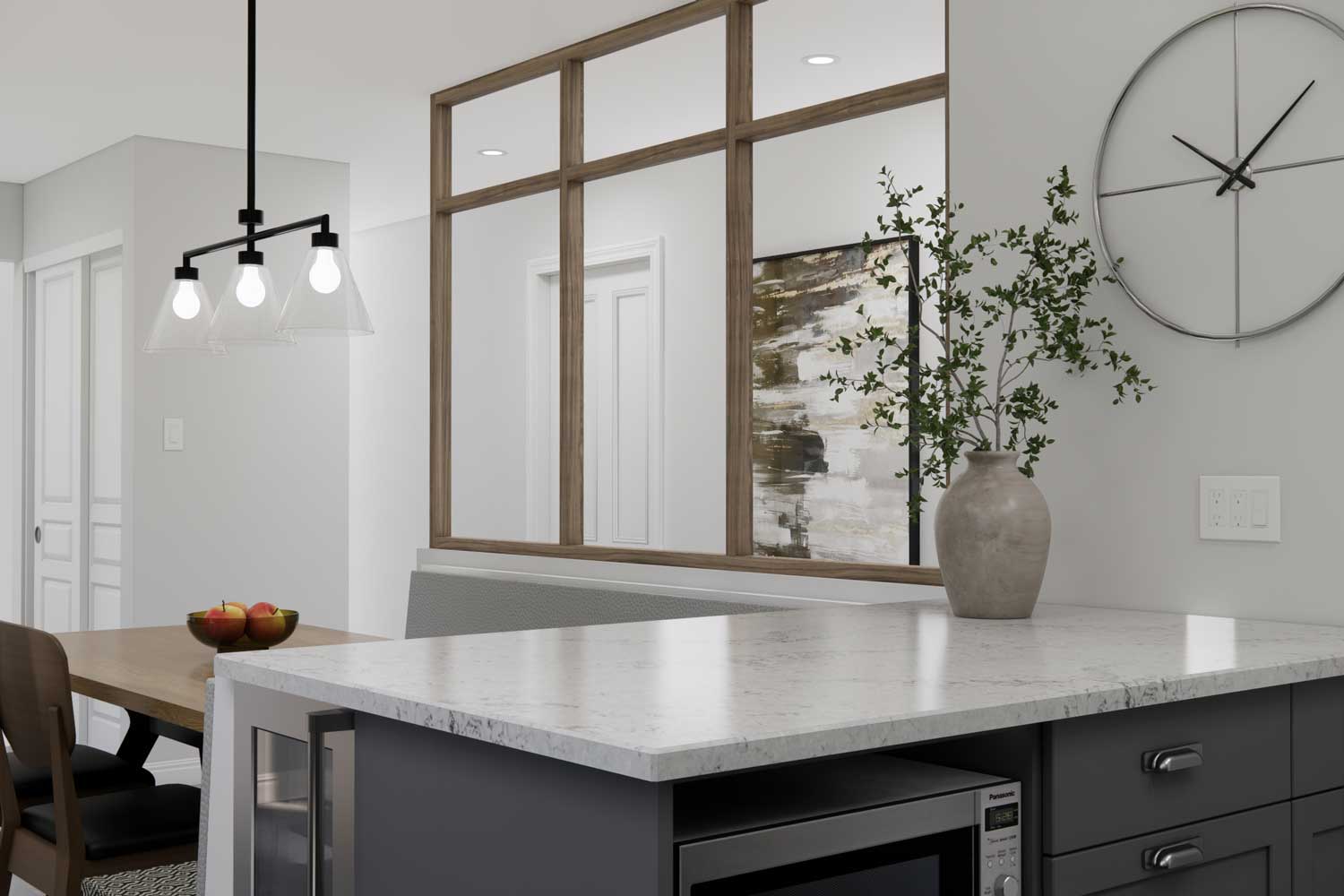 cuisine avec banquette et claustra en bois