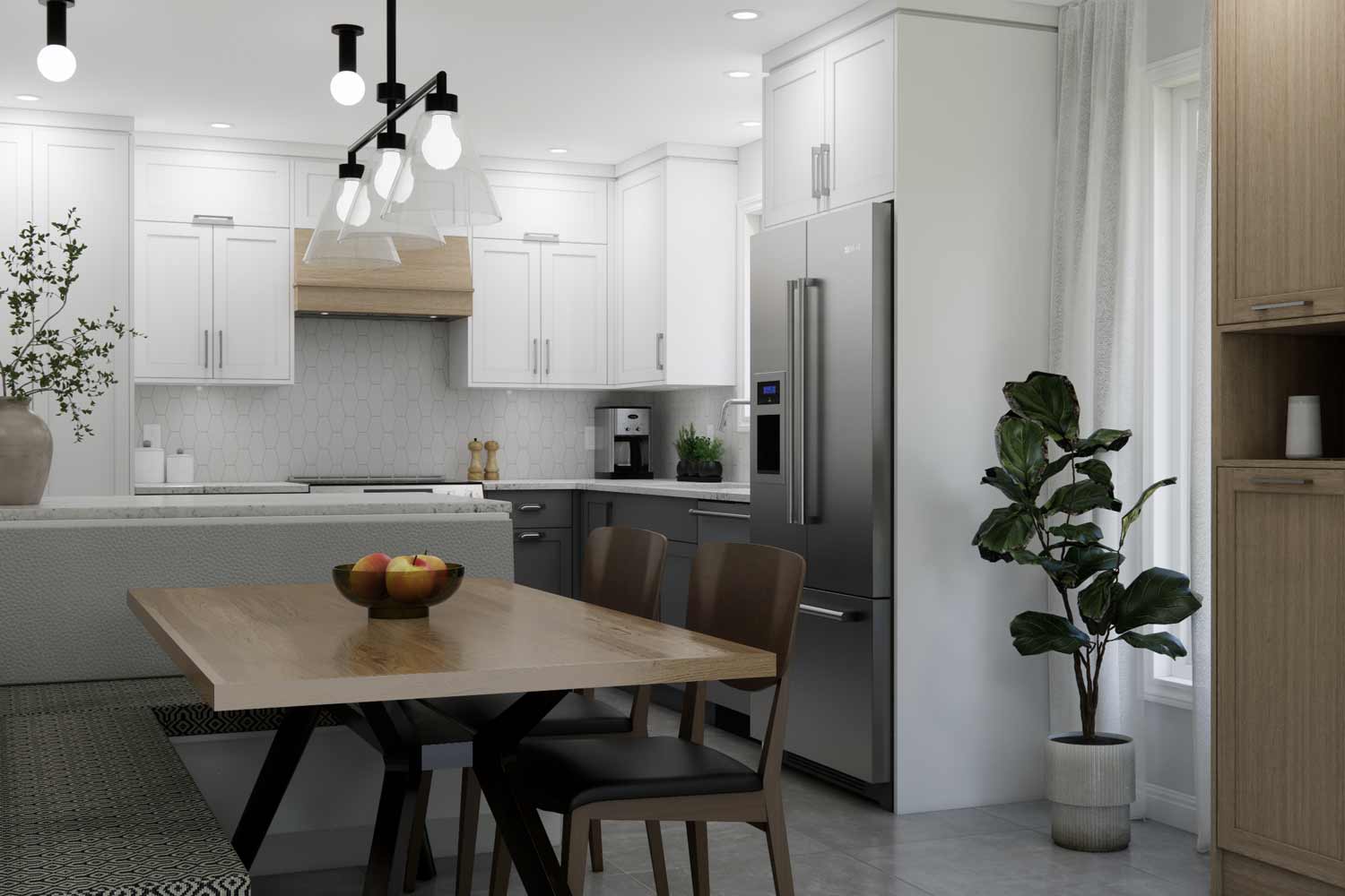 cuisine grise et blanche avec banquette